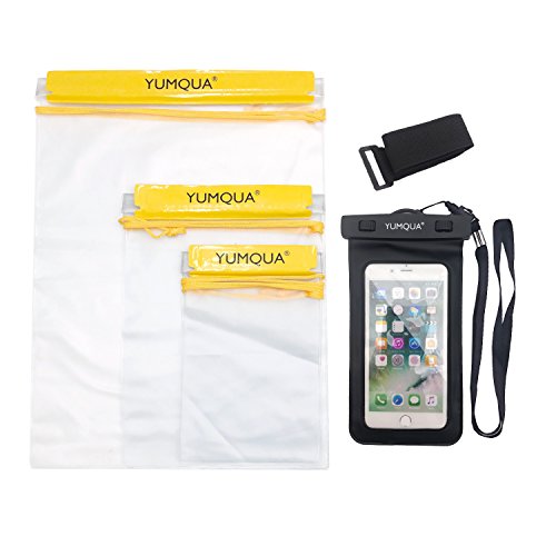 YUMQUA Clear Waterproof Bags, Water Tight Cases Pouch Dry Bags + Waterproof Phone Pouch with Armband for Camera Mobile Phone Maps Pouch Document Holder Kayak Military Boat- 4 Piece Set