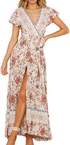Alieyaes Women's Dresses Bohemian High Split V Neck Short Sleeve Ethnic Style Wrap Beach Maxi Dress