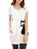 Allegra K Lady Round Neck Short Sleeve Cat Prints Loose Tunic Top XS White