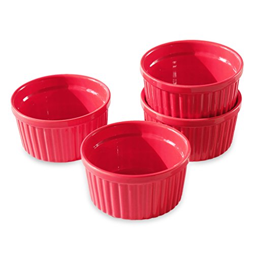 Cinf Porcelain Ramekin Red 8 oz Set of 4 Pudding Bowls Dishes Cup for Baking,Souffle Cups Dishes, Creme Brulee, Custard Cups, Desserts, Oven, Microwave, Freezer and Dishwasher