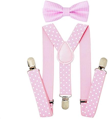AWAYTR Kids Boys Girls Suspenders Strong Clips With Bow tie Set (Pink Polka dot)