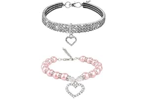 WoYous Rhinestones Dog Collar and Pearl Dog Necklace Set, Adjustable Neck Strap Bling Full Diamond Crystal Cute Pearl Collar 