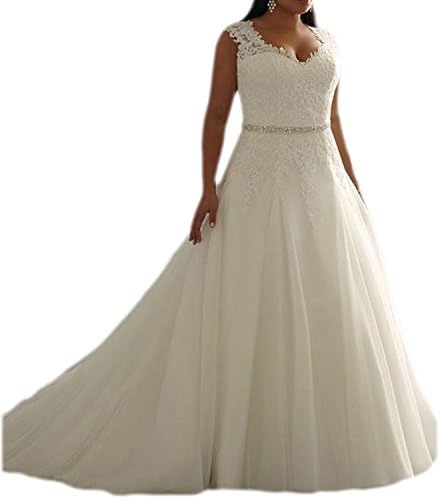 Meledy Women's V-Neck Lace Appliques Plus Sizes Ball Gown Long Furmal Church Wedding Dress White US22W