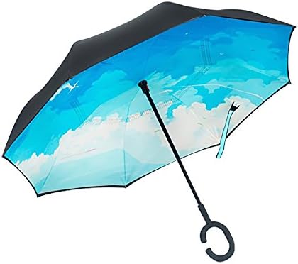 LifeHax Double Layer Inverted/Reverse Folding Umbrella | Windproof, Waterproof, UV Protection | C-Shaped Hands Free Handle | Self Standing Inside Out Drip Free (Blue Cloud)
