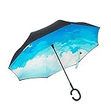 LifeHax Double Layer Inverted/Reverse Folding Umbrella | Windproof, Waterproof, UV Protection | C-Shaped Hands Free Handle | Self Standing Inside Out Drip Free (Blue Cloud)