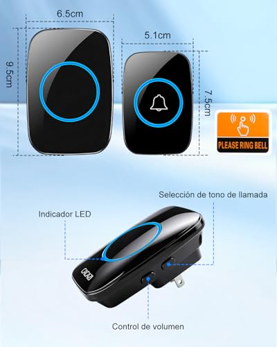 Salandens Timbre Inalámbrico para Puerta, 1 Transmisor y 1 Receptor, Timbre Impermeable Volumen Ajustable Alcance a 300m con 60 Melodías, 5 Niveles de Volumen, LED Indicador, Negro