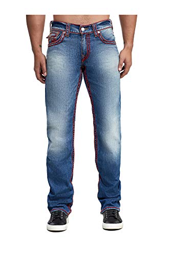 True Religion Men's Red Silk Chainstitch Ricky Straight Leg Jeans w/Flap Pockets in Set Sail