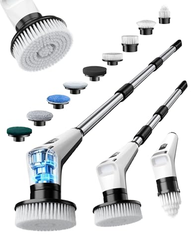 Fofile Electric Cleaning Brush with 9 Interchangeable Heads, 3 Speeds, IPX8 Waterproof, 3000 mAh Battery, LED Light, Telescopic Handle, Rotary Brush for Bathroom, Kitchen, Tiles, Car