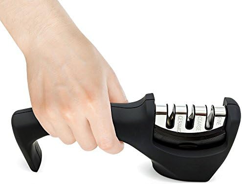 Knife Sharpener by Hard Crafts, 3-Stage Sharpening System, Sharpens Ceramic &amp; Steel, Safety Conscious Handle, Black