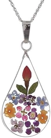 Handmade Silver Multi-Colored Pressed Flower Teardrop Pendant Necklace, 18" gift for Women and Girlfriend and Mothers Day by Designer Leah