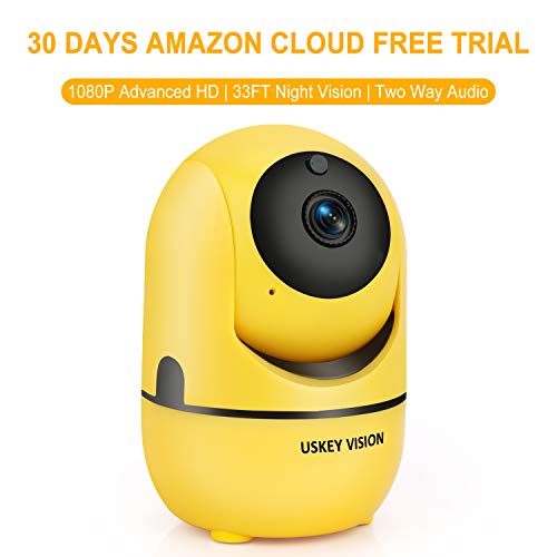 WiFi Camera Home Surveillance Camcorder Cloud Storage Auto Cruise 1080P HD Wireless Indoor Dome Camera Motion Tracker Auto-Tracking 2-Way Audio Night Vision APP Remote Control AI Camera(Yellow)