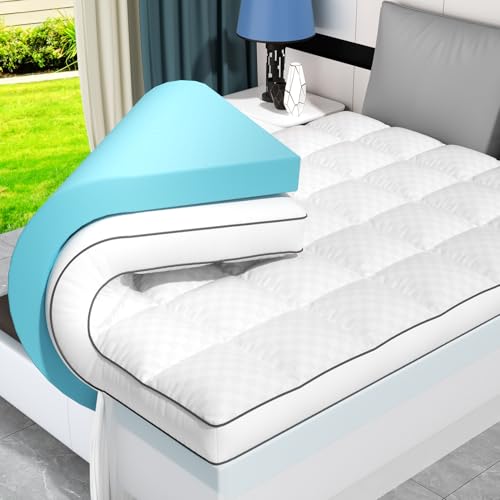 Dual Layer 4 Inch Memory Foam Mattress Topper White Cal King, 2" Cooling Gel Memory Foam and 2" Pillow Top Mattress Pad Cover for Back Pain, Deep Elastic Pocket, Medium Support, White by Missleep - Used condition - US$123.48
