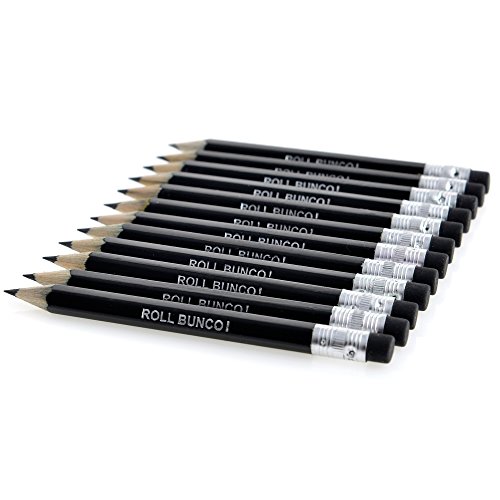 1 Dozen Bunco Pencils. ROLL BUNCO! Black Pencils with Eracers - Set of 12 Pencils for Bunco Parties