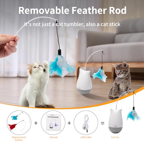 Interactive Cat Toys for Indoor Cats, Rechargeable Automatic Cat Feather Toys, 360° Rotating Electric Cat Wobble Toy with 2 Speed Modes, Quiet Moving Tumbler Cats Toys for Play Cats/Kitten