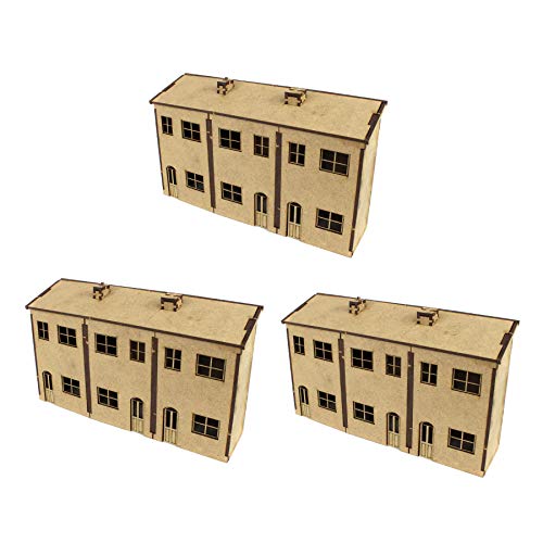 War World Scenics Modellbau MDF Gebäude - Niedrigprofil Dreifach-Haus x 3 - Spur 00/H0 Modellbahn Maßstab…