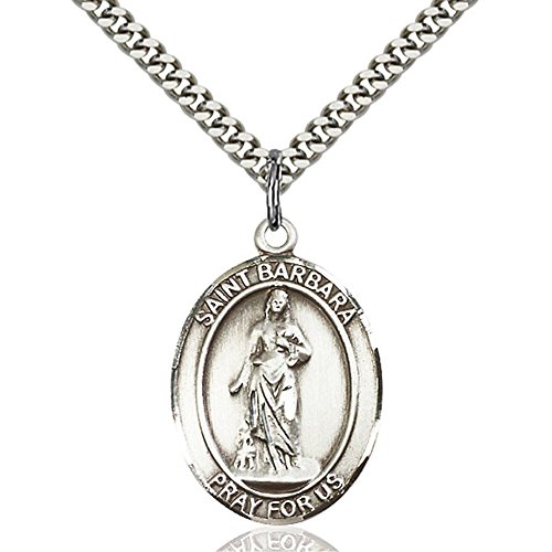 Sterling Silver St. Barbara Pendant 1 x 3/4 inches with Heavy Curb Chain