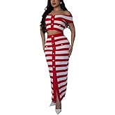 Wuitrie Sweater Sets for Women Slim Sexy Striped One Shoulder Crop Top Stretchy Hip Long Skirts Evening Gowns Party Outfits