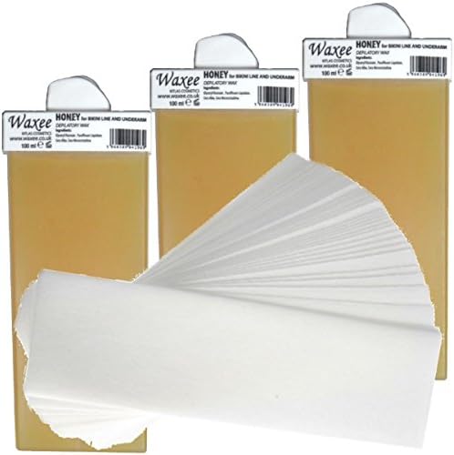 3 x 100ml roll on Roller Wax Cartridge + 50 waxing Strips Waxee (Small Roller (for underarms & Bikini), Honey (with Natural Beeswax))