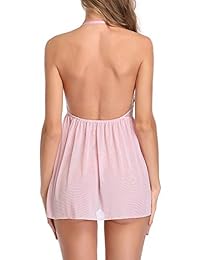 LALAVAVA Conjunto de lencería Babydoll para dama Conjunto de encaje transparente con cuello en V espalda abierta Ropa de dormir