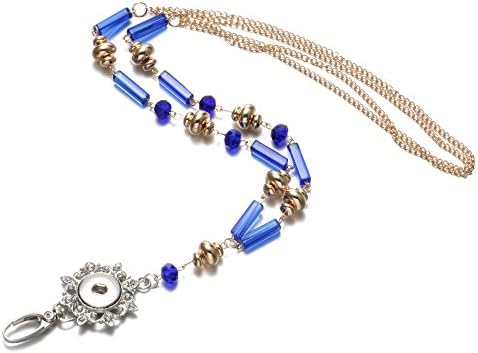 Soleebee 30.7 inches Handmade Beaded Snaps Jewelry ID Badge Lanyard Necklace with Swivel Oval Clasp for ID Badges Keys Christmas Gifts with Gift Box (Golden Chain Blue Beads)