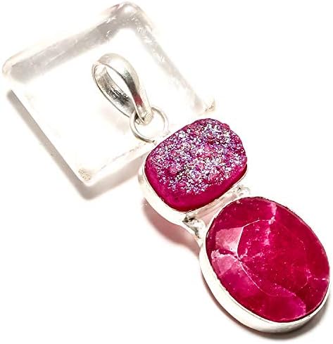 Beautiful Jagdalk Ruby & Titanium Pink Druzy Gemstone Pendant Handmade 925 Sterling Silver Plated Jewelry -Single Bail Cabochon Pendant- (SF-2238)