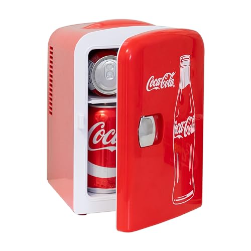 Coca Cola Classic Mini Fridge - Refrigerator for Bedroom Skincare Office, Portable Table Top Beverage Cooler, 12V DC/220V AC Refrigerador For Drinks, Soda, Wine, Use In Car, Dorm, Patio, 6 Can