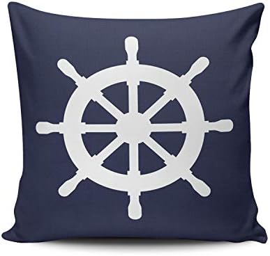 WULIHUA Decorative Throw Pillow Covers White Ships Wheel Navy Blue Nautical Fine Zipper Pillowcases Throw Pillow Cushion Covers for Sofa Double Sides Printed Square 16x16 Inches