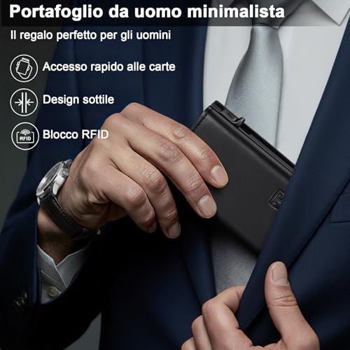 Portafoglio Uomo Slim, Portacarte in Pelle con Protezione RFID, Porta Carte di Credito Uomo Piccolo, Porta Tessere con Portamonete e Scomparti Banconote