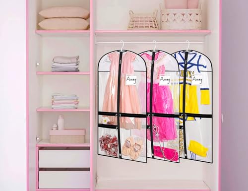 TERRIFI Dance Garment Bag, 3 Pack Daily Outfits Storage, Kids Dance Costume Bag, Clear with 4 Zipper Pockets for Clothes, Shirts, Coats, Dresses