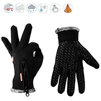 KLEBREIS Winter Warm Gloves, Anti Slip Touch Screen Gloves, Windproof Thermal Padded Lined Zipper Gloves for Men Women Sport Walking Riding Driving Cycling, Black(M)