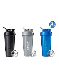 BlenderBottle Botella para batir clásica con presilla en parte superior, pack de 3, azul/gris/negro, 28 onzas, los colores pueden variar