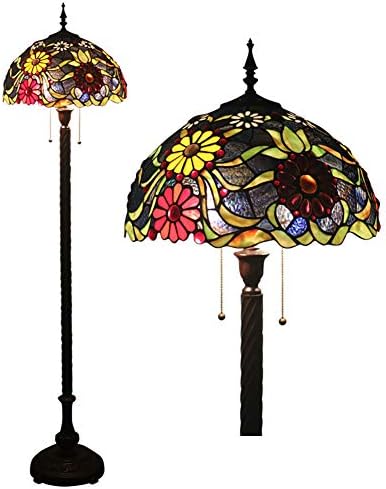 Tiffany Style Color Flower Pattern 16 '' Floor Lamp Handmade Multicolored Glass Retro Luxury Design Black Lampshade Floor Lamp Bedroom Living Room Restaurant