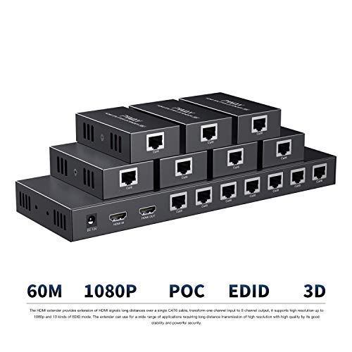 PWAY PW-HTS0107(POC) 1X7 HDMI Extender Splitter Ultra HD 1080P over Cable Support EDID Up to 50m/165ft Cat6 Remote Control (1 in 7 Out)
