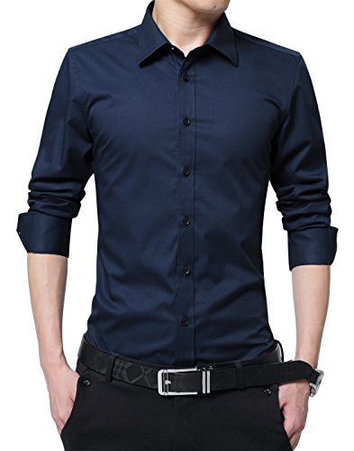 XTAPAN Men's Long Sleeve Casual Slim Fit Cotton Button Down Dress Shirt Dark Blue Asian 3XL=US M-5618