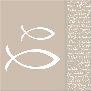 20 Servietten Fisch an Schrift Taupe - mit Hoffnung, Liebe, Glaube - zur Taufe, Kommunion und Konfirmation 33x33cm