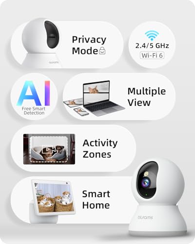 blurams 2K Indoor Camera, 5G Home Security Camera, 360° View Pet Camera with Phone App, Free Human/Motion/Sound Detection, Auto Tracking, Dual-Band WiFi6, Night Vision, Works with Alexa(2 Pack)