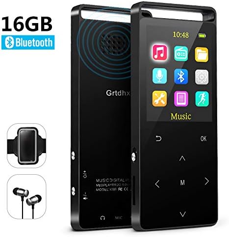Grtdhx MP3 Player,MP3 Player with Bluetooth,16GB Music Player with FM Radio/Voice Recorder,HiFi Lossless Sound Quality,Metal, Alarm Clock, Touch Button, HD Sound Quality Earphone, with an Armband