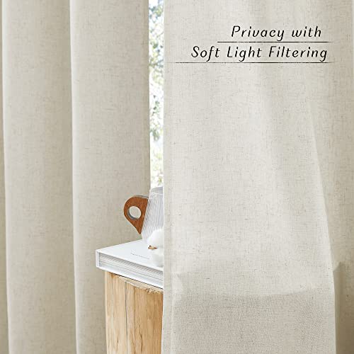 PONY DANCE Living Room Curtains, Linen Boho Eyelet Curtain, Set of 2, H 245 x W 140 cm, Beige, Linen-Look Curtains with Eyelets, Semi-Transparent Linen Curtains for Bedroom