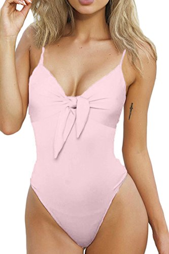 ESONLAR One Piece Swimwear for Women V Neck Tie Knot Front Aactive Sporty Swimsuit Pink S - Thumbnail 2