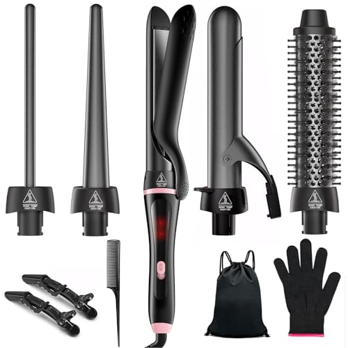 5 in 1 Curling Iron with Thermal Brush and Interchangeable Ceramic Barrels (0.35"-1.25") Set of Curling Iron with Plate, Instant Heating Dual Voltage Gifts for Women