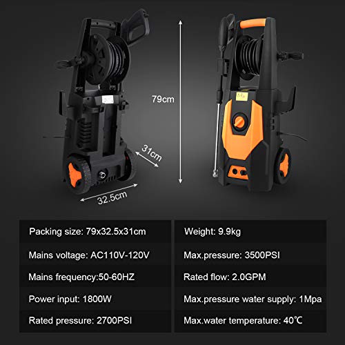 mrliance 3500PSI Electric Pressure Washer 2.0GPM Power Washer 1800W High Pressure Washer Cleaner Machine with Spray Gun, Hose Reel, Brush, and 4 Adjustable Nozzle (Orange)