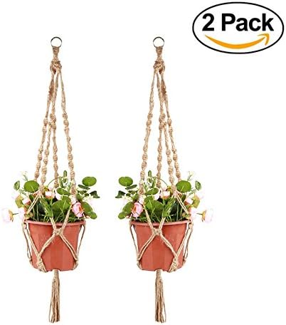 35 Inch Macrame Plant Hanger Flower Pot Patio Deck Ceiling Plant Holder Basket Jute Rope 4 Legs with Copper ring for Indoor Outdoor Ceiling Deck Balcony Round and Square Pots, 2 Pack