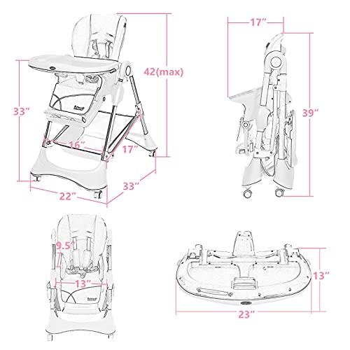 INFANS High Chair with OneHand Removable Tray, 4 Lockable Wheels