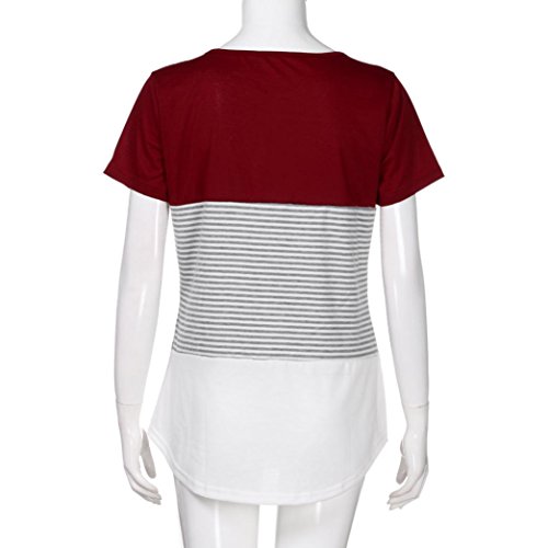 ManxiVoo Short Sleeve T-Shirt Women Loose Triple Color Block Stripe Cotton Blouse Casual O-Neck Tops (L, Wine Red)