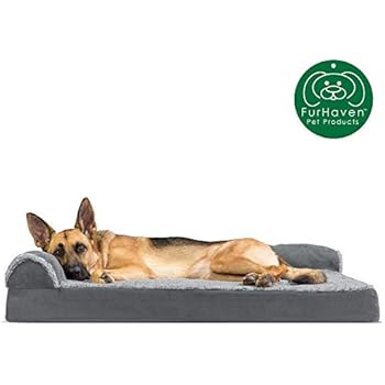 Furhaven Pet Dog Bed | Deluxe Memory Foam Two-Tone Plush Faux Fur & Suede L Shaped Chaise Lounge Living Room Corner Couch Pet Bed w/ Removable Cover for Dogs & Cats, Stone Gray, Jumbo