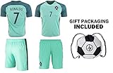 JerzeHero Portugal Ronaldo #7 Kids Youth Soccer Gift Set ✓ Soccer Jersey ✓ Shorts ✓ Soccer Ball Drawstring Bag ✓ Home or Away ✓ Short Sleeve or Long Sleeve (YM 8-10 yrs, Away Short Sleeve)