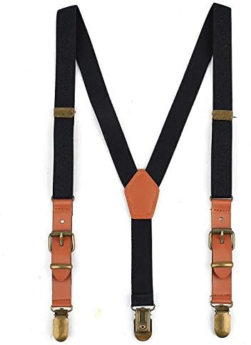 Pants Suspenders & Bowtie Set for Kids and Adults - Y Back Adjustable Leather Suspenders Sturdy Metal Clips