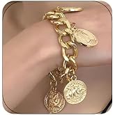 YUEKISEN Chunky Chain Dangle Bracelet Punk Cuban Curb Link Chain Bangle Vintage Gold Moroccan Coin Statement Jewelry for Women
