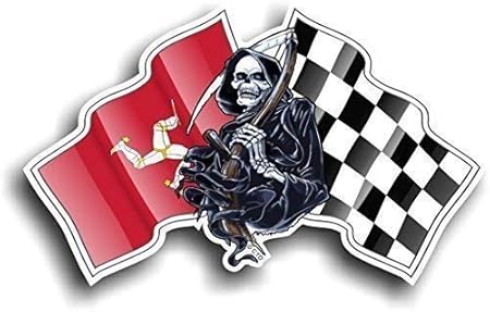 Amazon Fr Faucheuse Mort Crane Avec Racing Isle Of Man Mann Drapeau Mannois Chequred Drapeau Fantaisie En Vinyle Autocollant Pour Voiture En 130x 80mm