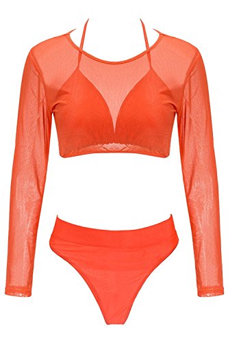 Libaoge Womens Sexy High Waist Mesh Crop Top Swimwear Long Sleeve 3PCS Swimsuit Orange/Black/Army Green